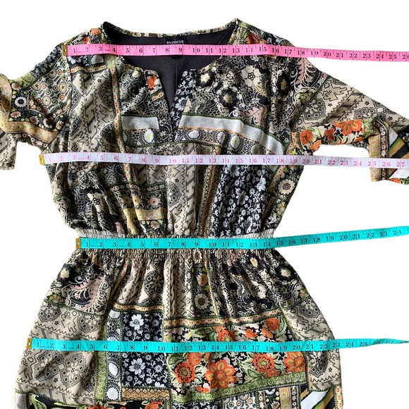 Enfocus Women Multicolor Patchwork Print 3/4 Sleeve Side Slits Midi Dress - Picture 6 of 11